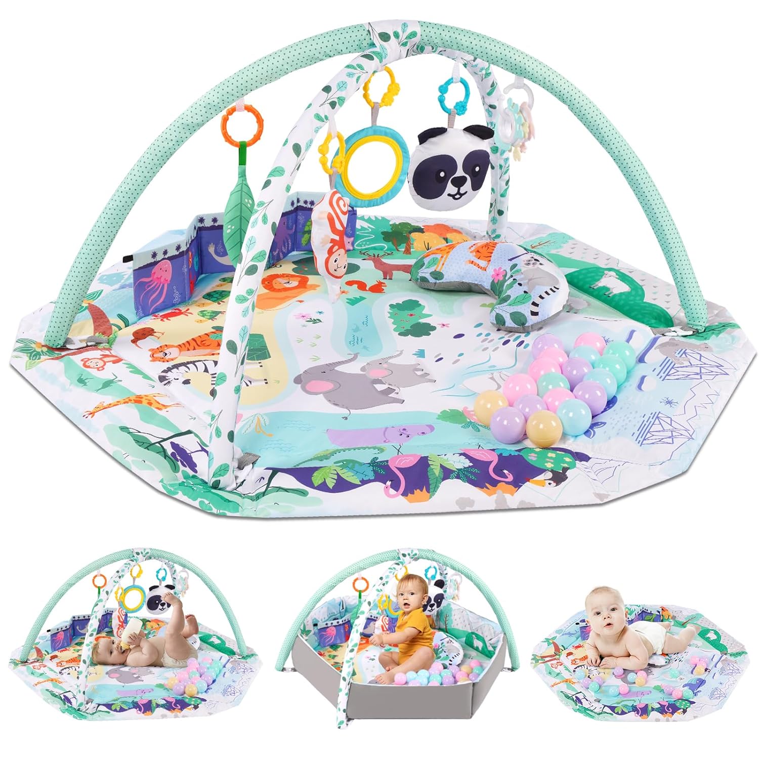 5 in 1 Baby Play Gym Mat Tummy Time Activity Mat with 8 Detachable T