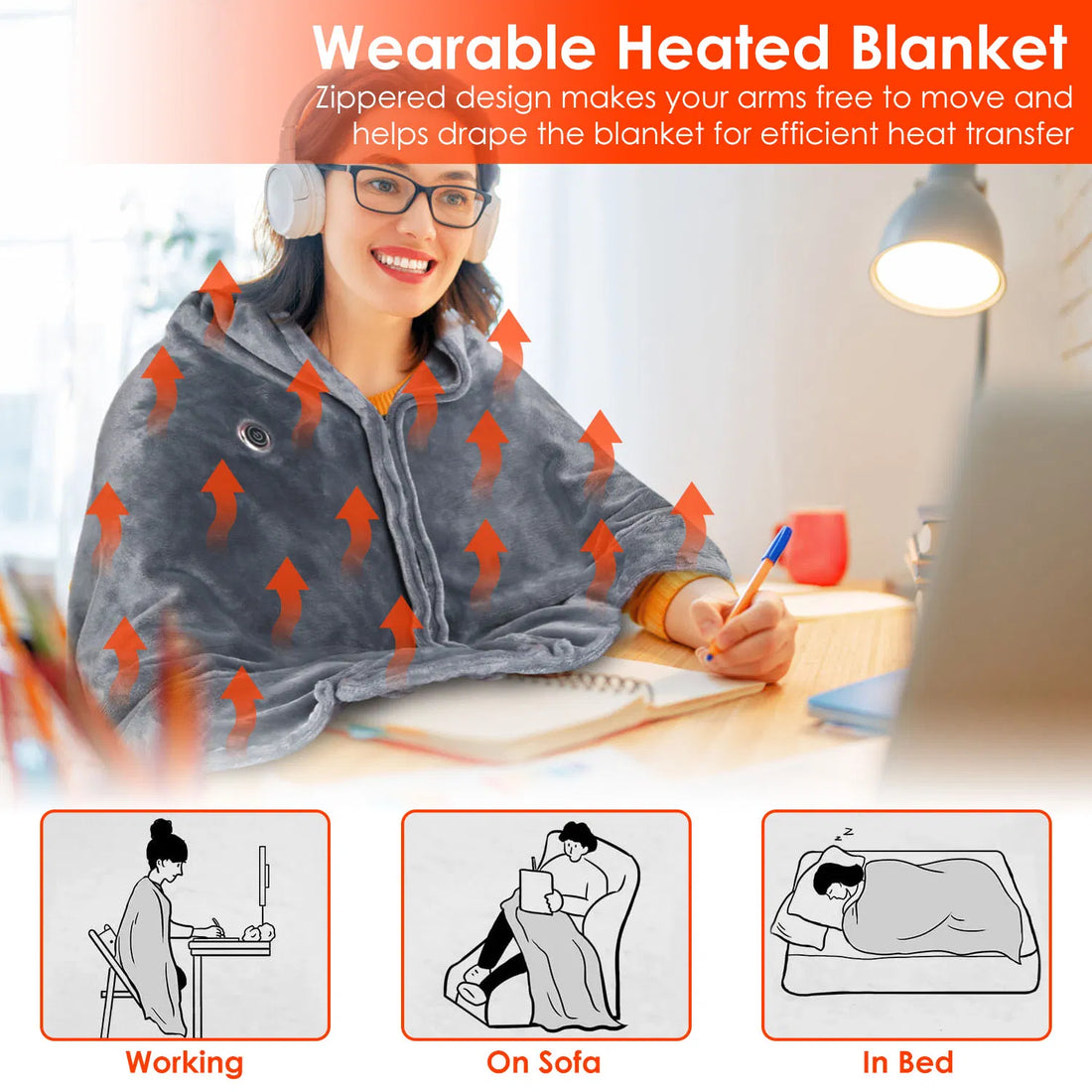 USB Heated Blanket ,59 Plus 31in  Electric Heated Blanket Heated Poncho Shawl Wrap Throw with Zipper Washable for Home Office