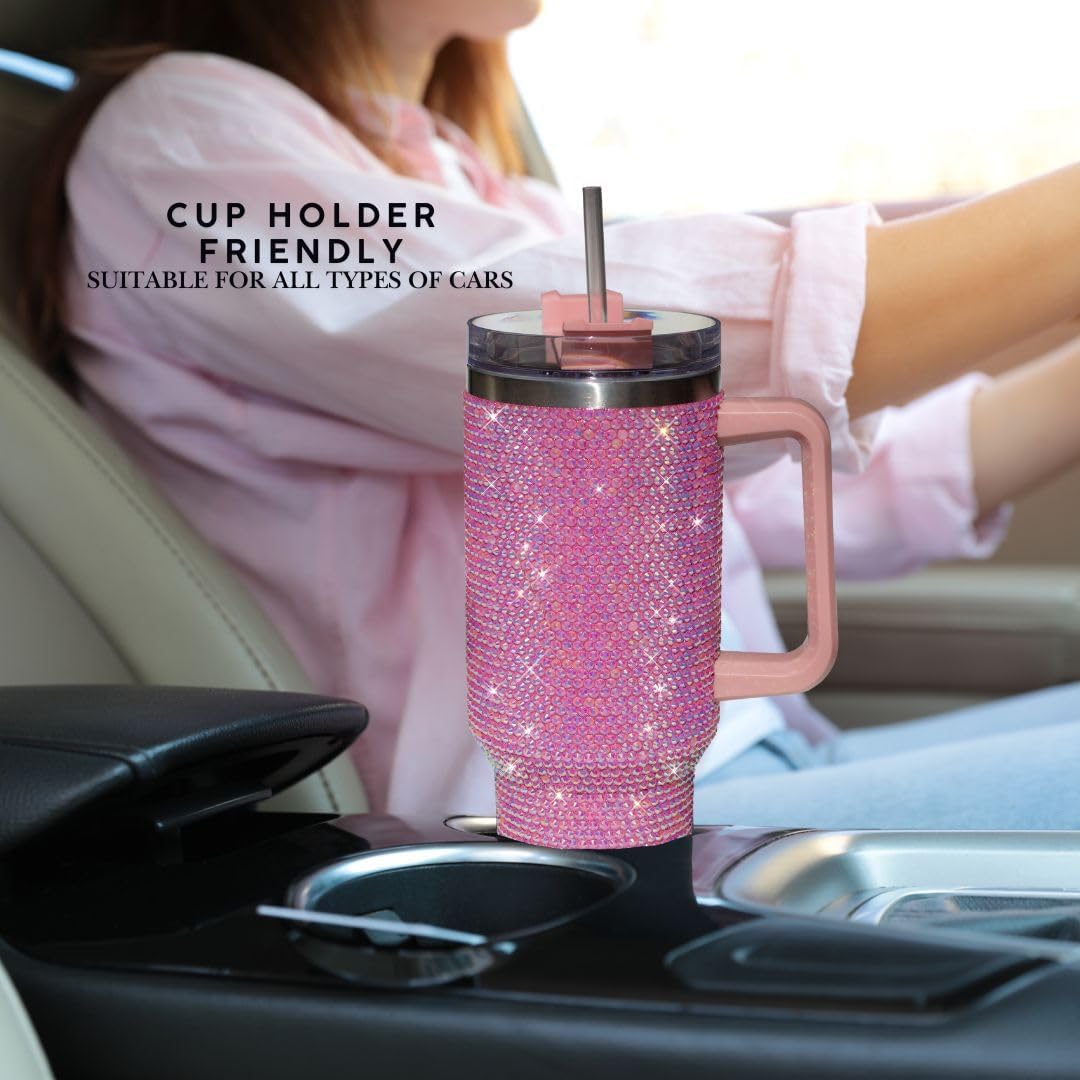 40 Oz Rhinestone Studded Tumbler with Handle Straw and Lid, Insulated Stainless Steel Double Layer Water Bottle for Women, Reusable Travel Coffee Mug (1200ml)