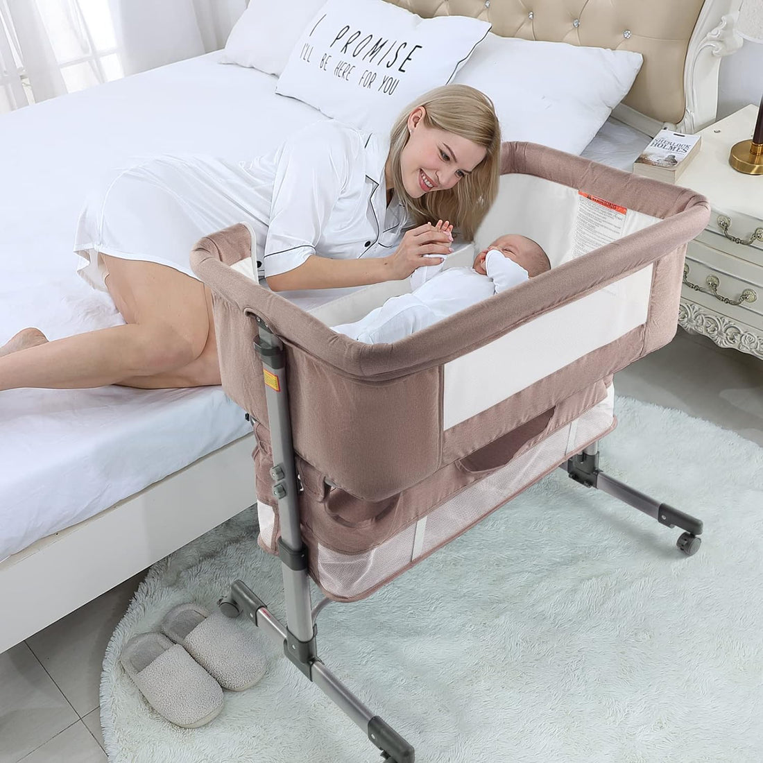 Baby Bassinet Bedside Sleeper, Baby Bed Side Crib with Storage Basket, Easy Folding Bassinets