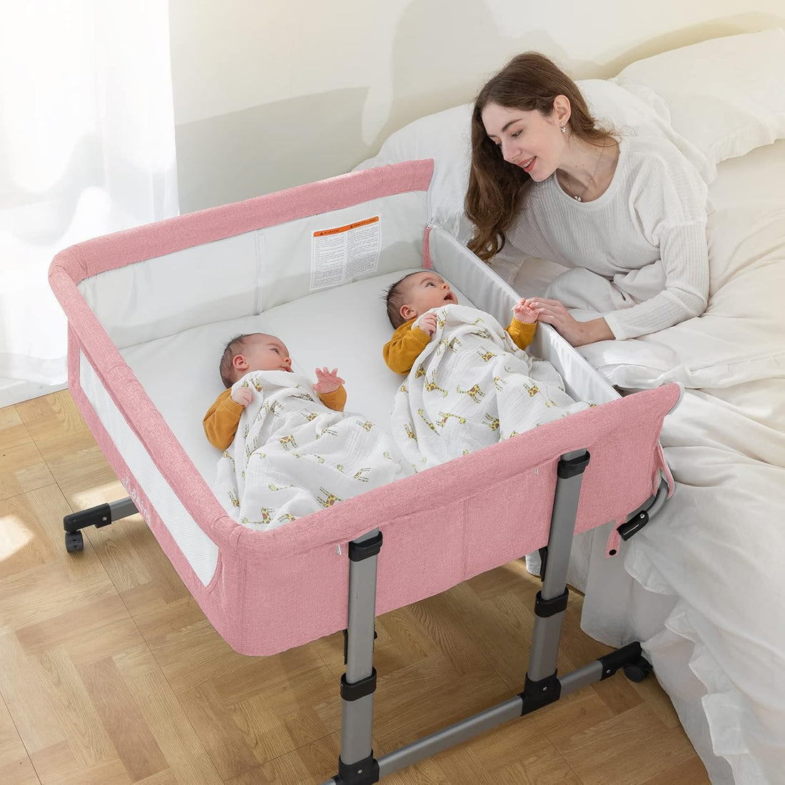 Double Bassinets For 2 Babies, Twins Infant Co Sleeper Bedside Crib Attaches to Bed