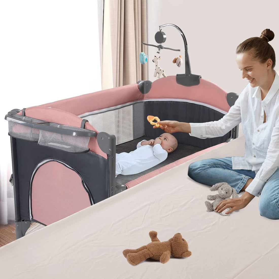 5 in 1 Baby Crib, Bedside Cribs, Pack and Playard with Bassinet and Changing Table