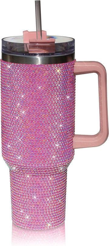 40 Oz Rhinestone Studded Tumbler with Handle Straw and Lid, Insulated Stainless Steel Double Layer Water Bottle for Women, Reusable Travel Coffee Mug (1200ml)