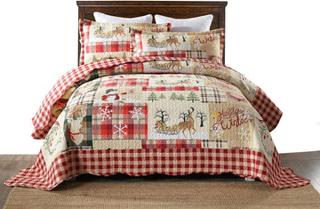 3 Piece Christmas Quilt Set, Rustic Lodge Deer Quilt Bedspread Throw Blanket Lightweight Bedspread Coverlet Comforter Set