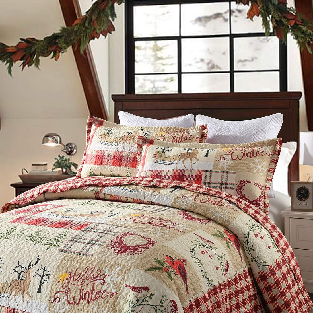 3 Piece Christmas Quilt Set, Rustic Lodge Deer Quilt Bedspread Throw Blanket Lightweight Bedspread Coverlet Comforter Set