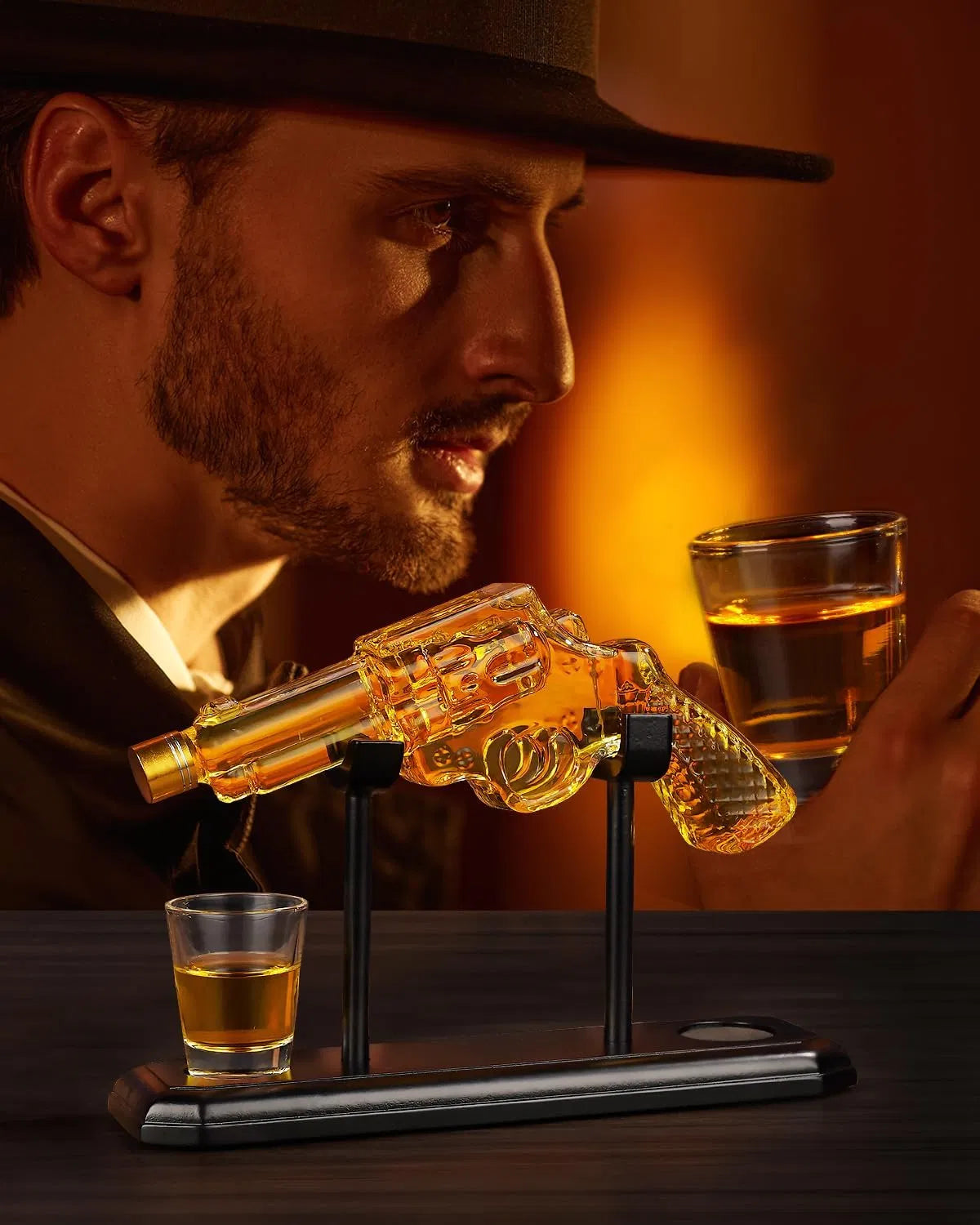 9 Oz Whiskey Revolver Decanter Set with 2 Oz Shot Glasses