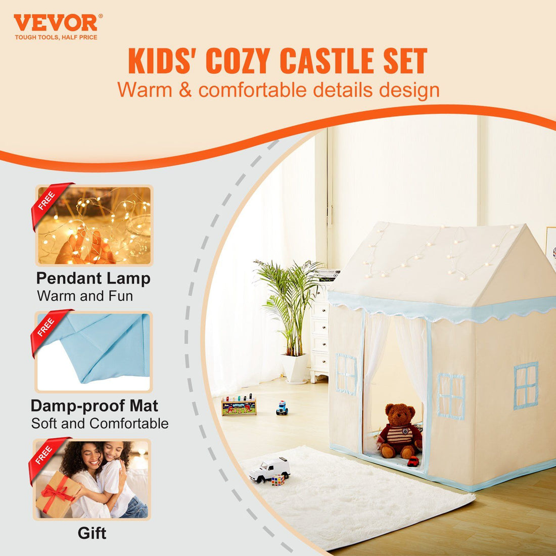 Kids Play Tent, Kids Tent for Kids 1-5 Years Old, Toddler Tent with Mat and Tent Lamp, Tent for Kids with Windows for Indoor and Outdoor, Play House Castle Tent for Boys and Girls, Beige