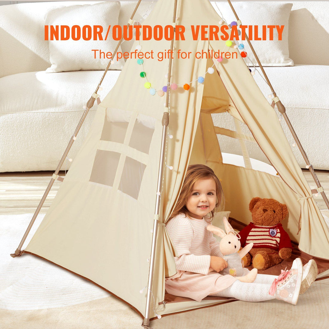 Kids Play Tent, Teepee Tent for Kids 1-5 Years Old, Tent for Kids with Windows for Indoor and Outdoor, Foldable Toddler Tent with Mat and Carrying Bag, Kids Tent for Boys and Girls, Beige