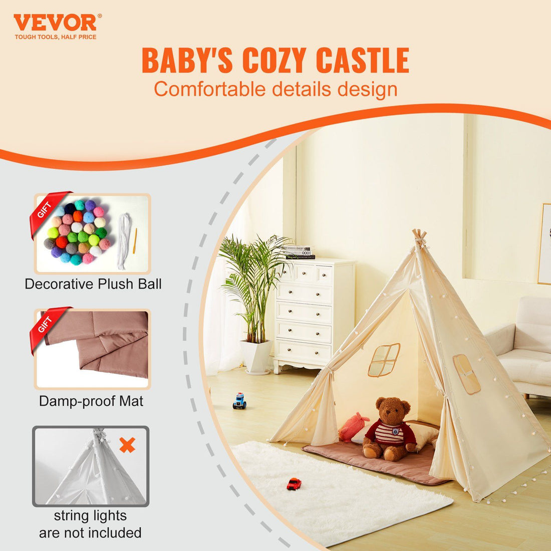 Kids Play Tent, Teepee Tent for Kids 1-5 Years Old, Tent for Kids with Windows for Indoor and Outdoor, Toddler Tent with Mat and Plush Decorative Balls, for Boys and Girls, Beige