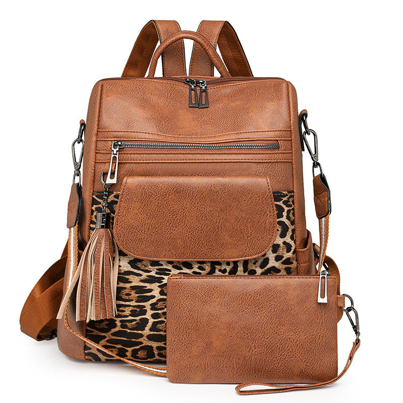 Winter New Retro Leopard Print Fashion Women's Backpack with Large Capacity and Coin Purse