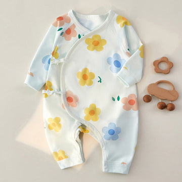 100% Cotton Autumn  Newborn Baby Bodysuit -Floral Fragrance Full Blue