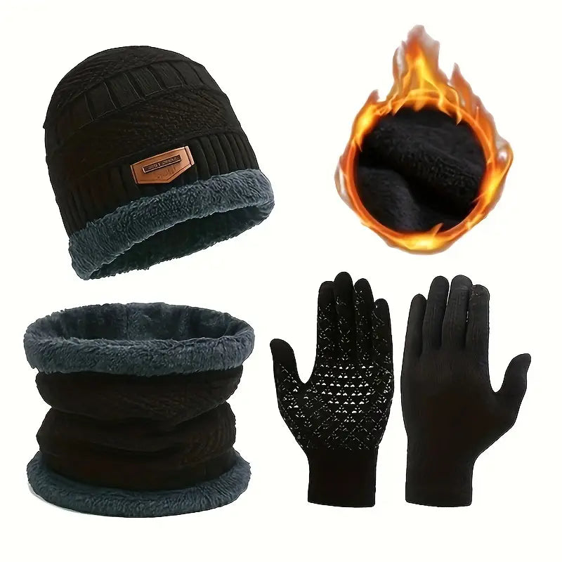 3pcsset Warm Thick Fleece Lined Winter Beanie Hat Scarf And Gloves Set, Gifts For Men