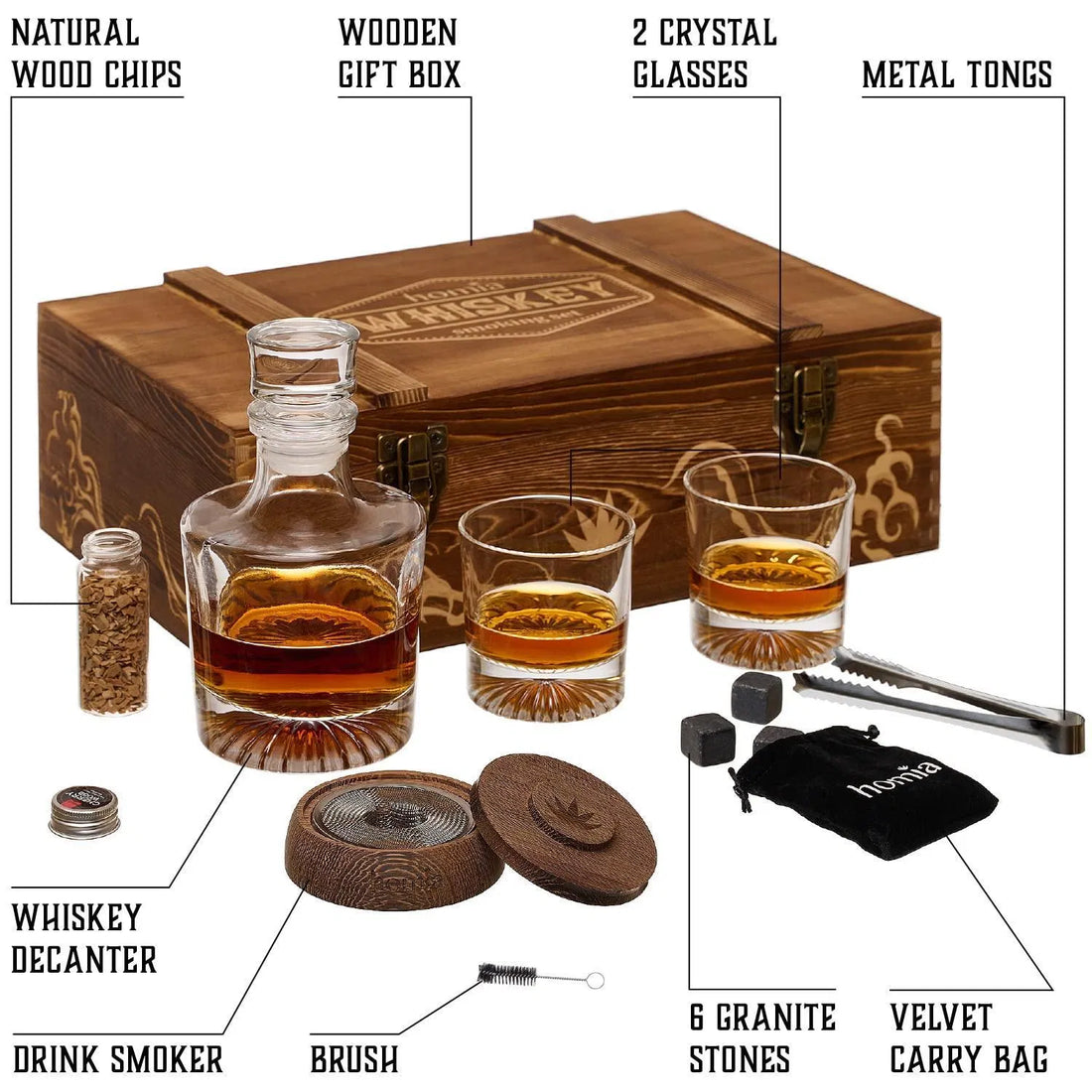 Whiskey Gift Set 14 pcs Whiskey Bottle and Old Fashioned Glasses 2 pcs Cocktail Smoker in Wodden Box with Wood Chips Whickey Stones 6 pcs included Gift for Men