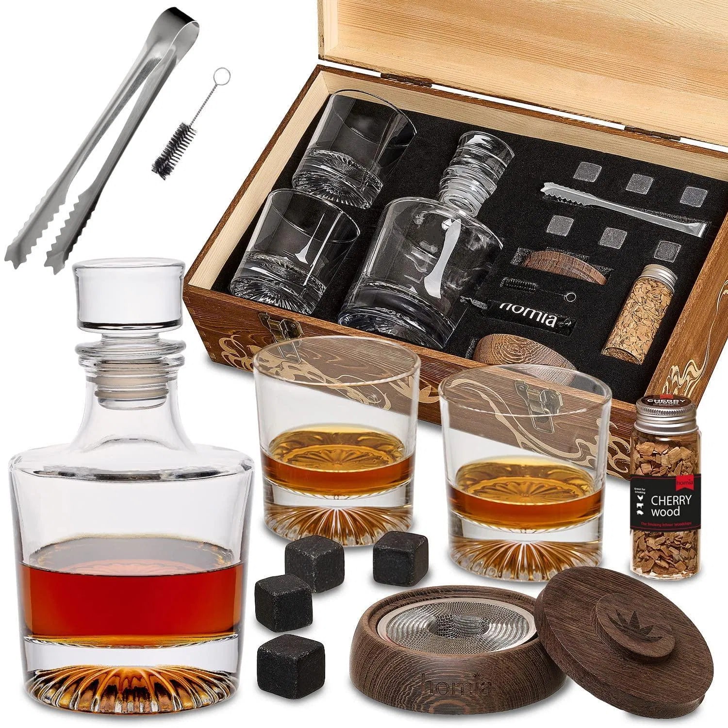 Whiskey Gift Set 14 pcs Whiskey Bottle and Old Fashioned Glasses 2 pcs Cocktail Smoker in Wodden Box with Wood Chips Whickey Stones 6 pcs included Gift for Men